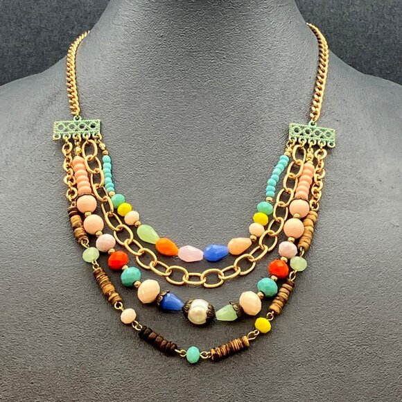 Plunder Jewelry - Plunder Layered Beaded Necklace 20 In As Is Multicolor Beads Gold Chains Retro